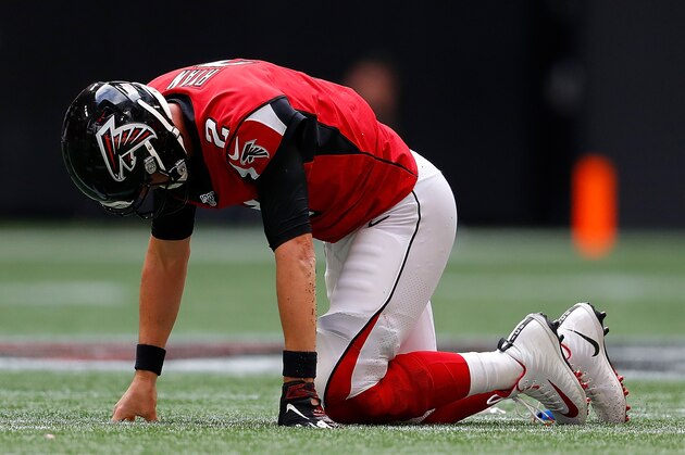 ATLANTA, GEORGIA - OCTOBER 20:  Matt Ryan #2 of the Atlanta Falcons reacts after fumbling on a tackle by Aaron Donald #99 of the Los Angeles Rams in the second half at Mercedes-Benz Stadium on October 20, 2019 in Atlanta, Georgia. (Photo by Kevin C. Cox/Getty Images)