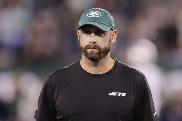 New York Jets head coach Adam Gase watches his team warm up before an NFL football game against the New England Patriots Monday, Oct. 21, 2019, in East Rutherford, N.J. (AP Photo/Adam Hunger)
