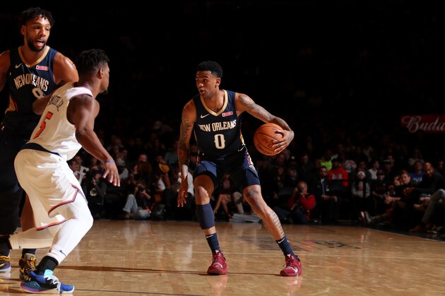 NEW YORK, NY - OCTOBER 18: Nickeil Alexander-Walker #0 of the New Orleans Pelicans handles the ball against the New York Knicks during a pre-season game on October 18, 2019 at Madison Square Garden in New York City, New York. NOTE TO USER: User expressly acknowledges and agrees that, by downloading and or using this photograph, User is consenting to the terms and conditions of the Getty Images License Agreement. Mandatory Copyright Notice: Copyright 2019 NBAE  (Photo by Nathaniel S. Butler/NBAE via Getty Images)