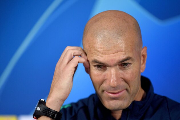 Real Madrid's French coach Zinedine Zidane attends a press conference at the TT Ali Samiyen sport complex, on the eve of the UEFA Champions League Group A football match between Galatasaray and Real Madrid in Istanbul, on October 21, 2019. (Photo by Ozan KOSE / AFP) (Photo by OZAN KOSE/AFP via Getty Images)