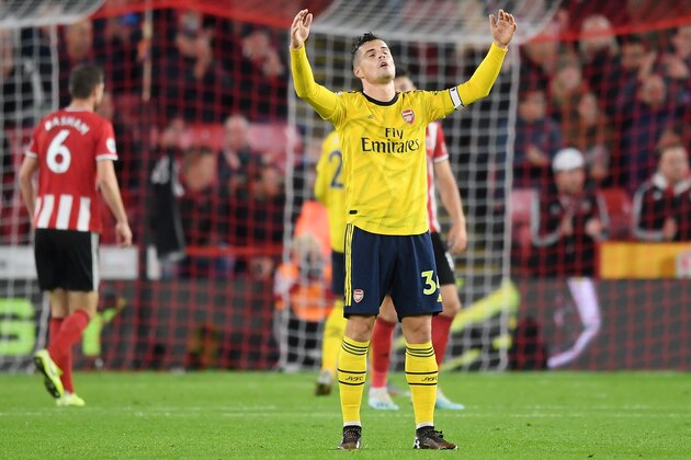 SHEFFIELD, ENGLAND - OCTOBER 21:   Granit Xhaka of Arsenal reacts during the Premier League match between Sheffield United and Arsenal FC at Bramall Lane on October 21, 2019 in Sheffield, United Kingdom. (Photo by Michael Regan/Getty Images)