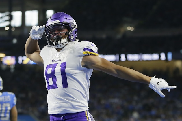Minnesota Vikings wide receiver Olabisi Johnson reacts after catching a 1-yard pass for a touchdown during the first half of an NFL football game against the Detroit Lions, Sunday, Oct. 20, 2019, in Detroit. (AP Photo/Duane Burleson)