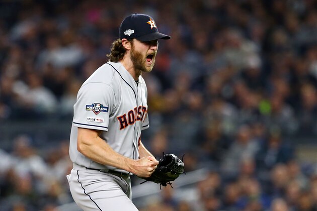 NEW YORK, NEW YORK - OCTOBER 15: Gerrit Cole #45 of the Houston Astros celebrates retiring the side during the sixth inning against the New York Yankees in game three of the American League Championship Series at Yankee Stadium on October 15, 2019 in New York City. (Photo by Mike Stobe/Getty Images)