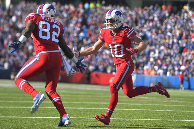 Buffalo Bills wide receiver Cole Beasley, right, celebrates his touchdown catch with Duke Williams in the second half of an NFL football game Miami Dolphins, Sunday, Oct. 20, 2019, in Orchard Park, N.Y. (AP Photo/Adrian Kraus)
