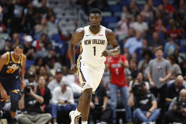 New Orleans Pelicans forward Zion Williamson (1) in the first half of a preseason NBA basketball game against the Utah Jazz in New Orleans, Friday, Oct. 11, 2019. (AP Photo/Tyler Kaufman)