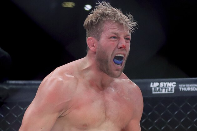 Jake Hager celebrates his win against J. W. Kiser in their mixed martial arts heavyweight bout at Bellator 214 on Saturday, Jan. 26, 2019, in Inglewood, Calif. (AP Photo/Chris Carlson)