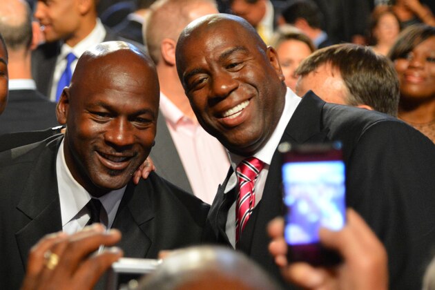 SPRINGFIELD, MA - September 7: Hall of Famers Cheryl Miller, Michael Jordan and Magic Johnson smiles for a photo prior to the 2012 Basketball Hall of Fame Enshrinement Ceremony on September 7, 2012 at Symphony Hall in Springfield, Massachusetts. NOTE TO USER: User expressly acknowledges and agrees that, by downloading and/or using this photograph, user is consenting to the terms and conditions of the Getty Images License Agreement.  Mandatory Copyright Notice: Copyright 2012 NBAE (Photo by Jesse D. Garrabrant/NBAE via Getty Images)