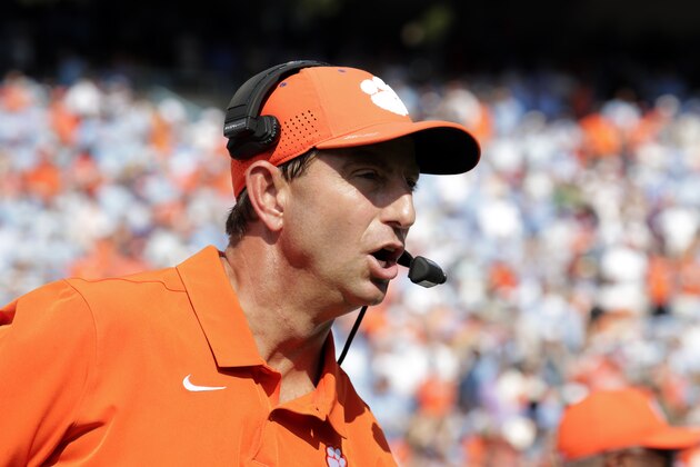 Clemson head coach Dabo Swinney directs the team during the first half of an NCAA college football game against North Carolina in Chapel Hill, N.C., Saturday, Sept. 28, 2019. (AP Photo/Chris Seward)