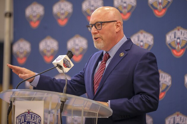 METAIRIE, LA - MARCH 14: David Griffin, Executive Vice President of Basketball Operations for the New Orleans Pelicans, talks to the media during an introductory press conference on April 17, 2019 at Ochsner Sports Performance Center in Metairie, Louisiana. NOTE TO USER: User expressly acknowledges and agrees that, by downloading and or using this Photograph, user is consenting to the terms and conditions of the Getty Images License Agreement. Mandatory Copyright Notice: Copyright 2019 NBAE (Photo by Layne Murdoch Jr./NBAE via Getty Images)