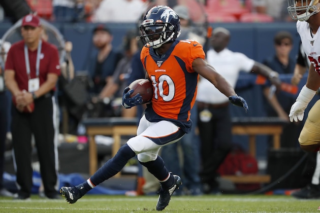 FILE - In this Aug. 19, 2019, file photo, Denver Broncos wide receiver Emmanuel Sanders (10) runs after a catch against the San Francisco 49ers during an NFL preseason football game in Denver. The 32-year-old speedster revealed this summer that he had surgeries on both ankles in the offseason, one to repair his left Achilles tendon, which he tore in practice last December, and one a month later to fix a severely sprained right ankle, which had bothered him since 2017. (AP Photo/David Zalubowski, File)