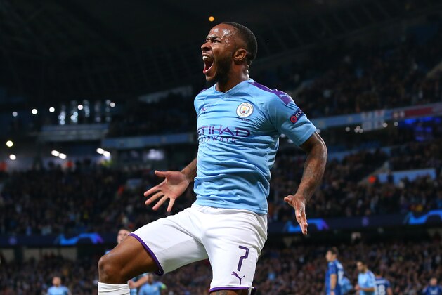 MANCHESTER, ENGLAND - OCTOBER 22:  Raheem Sterling of Manchester City celebrates after scoring his third goal during the UEFA Champions League group C match between Manchester City and Atalanta at Etihad Stadium on October 22, 2019 in Manchester, United Kingdom. (Photo by Alex Livesey - Danehouse/Getty Images)