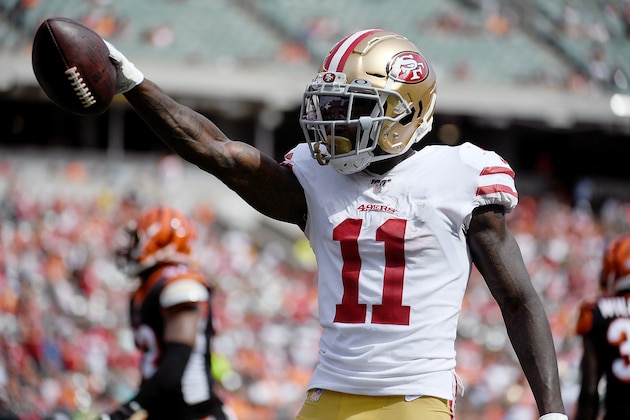 CINCINNATI, OH - SEPTEMBER 15: Marquise Goodwin #11 of the San Francisco 49ers reacts after making a catch for a first down in the game against the Cincinnati Bengals at Paul Brown Stadium on September 15, 2019 in Cincinnati, Ohio. (Photo by Bobby Ellis/Getty Images)