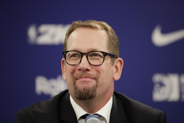 Toronto Raptors head coach Nick Nurse listens to questions during a news conference after the team's NBA preseason basketball game against the Houston Rockets Tuesday, Oct. 8, 2019, in Saitama, near Tokyo. (AP Photo/Jae C. Hong)