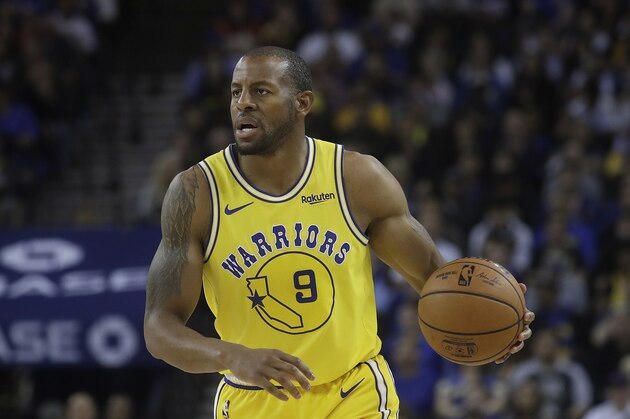 Golden State Warriors guard Andre Iguodala (9) against the Denver Nuggets during an NBA basketball game in Oakland, Calif., Tuesday, April 2, 2019. (AP Photo/Jeff Chiu)