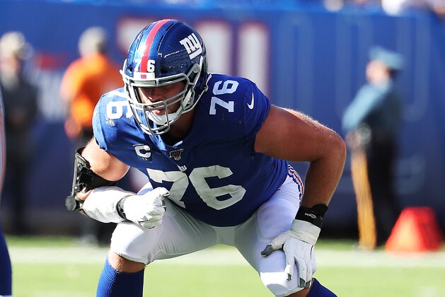 EAST RUTHERFORD, NEW JERSEY - SEPTEMBER 29:  Nate Solder #76 of the New York Giants in action against the Washington Redskins during their game at MetLife Stadium on September 29, 2019 in East Rutherford, New Jersey. (Photo by Al Bello/Getty Images)