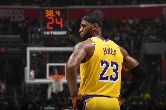 LOS ANGELES, CA - OCTOBER 22:  LeBron James #23 of the Los Angeles Lakers looks on against the LA Clippers on October 22, 2019 at STAPLES Center in Los Angeles, California. NOTE TO USER: User expressly acknowledges and agrees that, by downloading and/or using this Photograph, user is consenting to the terms and conditions of the Getty Images License Agreement. Mandatory Copyright Notice: Copyright 2019 NBAE (Photo by Andrew D. Bernstein/NBAE via Getty Images)