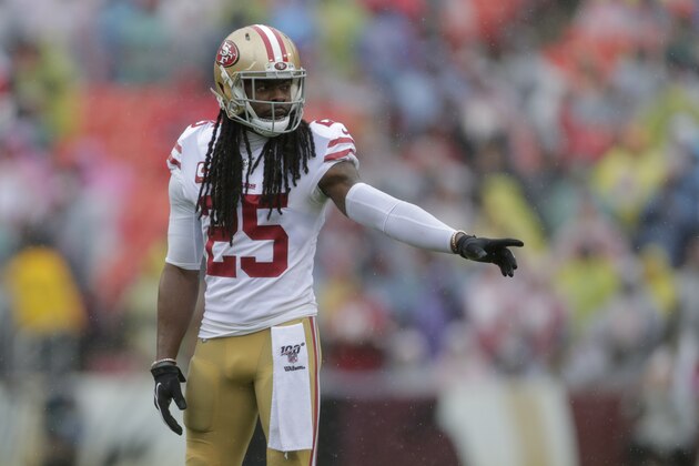 San Francisco 49ers cornerback Richard Sherman stands on the field between plays in the first half of an NFL football game against the Washington Redskins, Sunday, Oct. 20, 2019, in Landover, Md. (AP Photo/Julio Cortez)