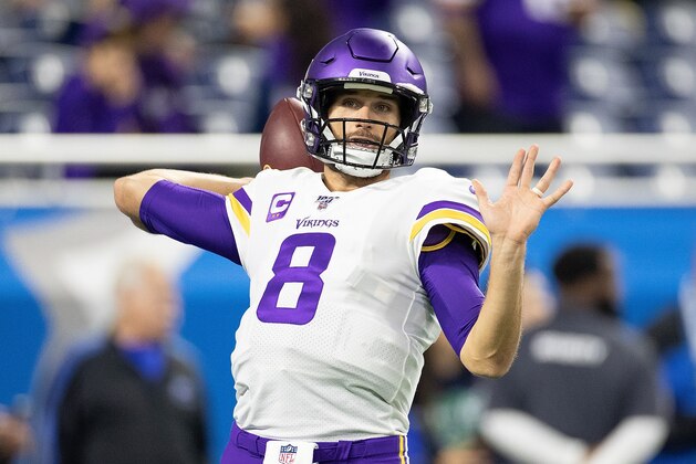 DETROIT, MI - OCTOBER 20: Kirk Cousins #8 of the Minnesota Vikings warm up prior to the start of the game against the Detroit Lions at Ford Field on October 20, 2019 in Detroit, Michigan. (Photo by Leon Halip/Getty Images)