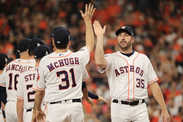 HOUSTON, TEXAS - OCTOBER 22:  Justin Verlander #35 of the Houston Astros is introduced prior to Game One of the 2019 World Series against the Washington Nationals at Minute Maid Park on October 22, 2019 in Houston, Texas. (Photo by Mike Ehrmann/Getty Images)