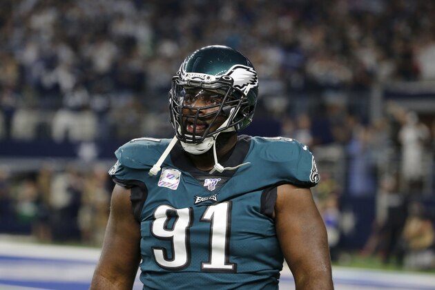Philadelphia Eagles defensive tackle Fletcher Cox (91) walks off the field during an NFL football game against the Dallas Cowboys in Arlington, Texas, Sunday, Oct. 20, 2019. (AP Photo/Michael Ainsworth)