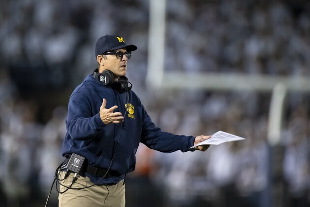 UNIVERSITY PARK, PA - OCTOBER 19:  Head coach Jim Harbaugh of the Michigan Wolverines reacts to game action during the fourth quarter against the Penn State Nittany Lions on October 19, 2019 at Beaver Stadium in University Park, Pennsylvania. Penn State defeats Michigan 28-21.  (Photo by Brett Carlsen/Getty Images)