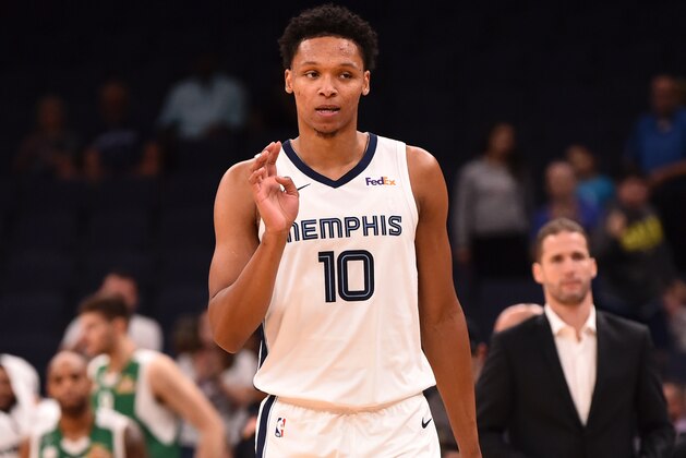 MEMPHIS, TN - OCTOBER 6: Ivan Rabb #10 of the Memphis Grizzlies reacts to three point basket against the Maccabi Haifa on October 6, 2019 at FedExForum in Memphis, Tennessee. NOTE TO USER: User expressly acknowledges and agrees that, by downloading and or using this photograph, User is consenting to the terms and conditions of the Getty Images License Agreement. Mandatory Copyright Notice: Copyright 2019 NBAE (Photo by David Dow/NBAE via Getty Images)