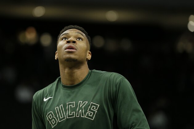 Milwaukee Bucks' Giannis Antetokounmpo warms up before a preseason NBA basketball game against the Minnesota Timberwolves Thursday, Oct. 17, 2019, in Milwaukee. (AP Photo/Aaron Gash)