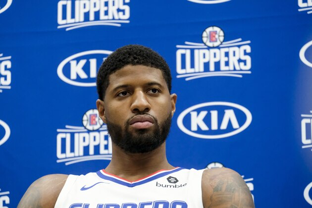 Los Angeles Clippers forward Paul George attends the NBA basketball team's media day in Los Angeles Sunday, Sept. 29, 2019. (AP Photo/Ringo H.W. Chiu)