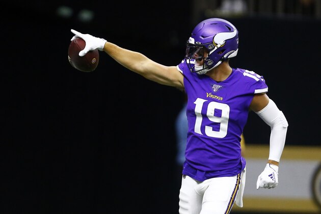 Minnesota Vikings wide receiver Adam Thielen (19) celebrates a reception against New Orleans Saints the in the first half of an NFL preseason football game in New Orleans, Friday, Aug. 9, 2019. (AP Photo/Butch Dill)