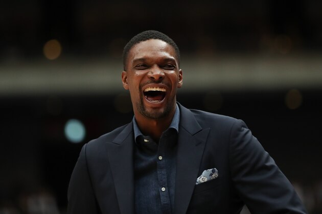 SAITAMA, JAPAN - OCTOBER 10: Retired NBA player Chris Bosh smiles during the preseason game between Toronto Raptors and Houston Rockets at Saitama Super Arena on October 10, 2019 in Saitama, Japan. NOTE TO USER: User expressly acknowledges and agrees that, by downloading and/or using this photograph, user is consenting to the terms and conditions of the Getty Images License Agreement. (Photo by Takashi Aoyama/Getty Images)
