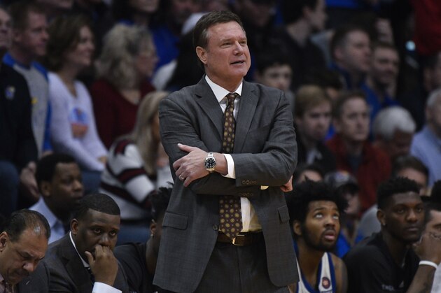 LAWRENCE, KANSAS - FEBRUARY 09: head coach Bill Self of the Kansas Jayhawks watches his team against the Oklahoma State Cowboys at Allen Fieldhouse on February 09, 2019 in Lawrence, Kansas. (Photo by Ed Zurga/Getty Images)