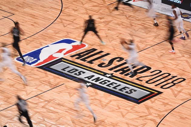 LOS ANGELES, CA - FEBRUARY 18: Center court logo during the NBA All-Star Game as a part of 2018 NBA All-Star Weekend at STAPLES Center on February 18, 2018 in Los Angeles, California. NOTE TO USER: User expressly acknowledges and agrees that, by downloading and/or using this photograph, user is consenting to the terms and conditions of the Getty Images License Agreement.  Mandatory Copyright Notice: Copyright 2018 NBAE (Photo by Noah Graham/NBAE via Getty Images)