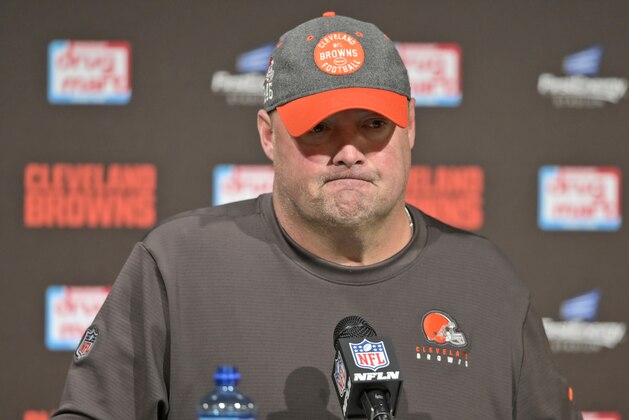 Cleveland Browns head coach Freddie Kitchens answers questions after an NFL football game against the Seattle Seahawks, Sunday, Oct. 13, 2019, in Cleveland. (AP Photo/David Richard)