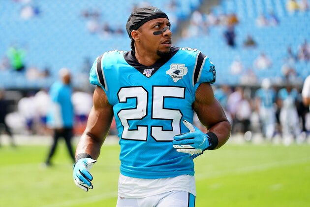 CHARLOTTE, NORTH CAROLINA - OCTOBER 06: Eric Reid #25 of the Carolina Panthers warms up before their game at Bank of America Stadium on October 06, 2019 in Charlotte, North Carolina. (Photo by Jacob Kupferman/Getty Images)