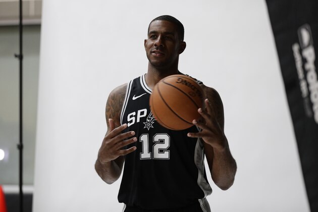 San Antonio Spurs' LaMarcus Aldridge poses for photos during an NBA basketball media day Monday, Sept. 30, 2019, in San Antonio. (AP Photo/Eric Gay)