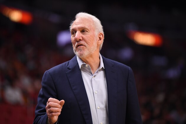 MIAMI, FLORIDA - OCTOBER 08: Gregg Popovich Head Coach of the San Antonio Spurs coaching against the Miami Heat during the second half of the preseason game at American Airlines Arena on October 08, 2019 in Miami, Florida. NOTE TO USER: User expressly acknowledges and agrees that, by downloading and or using this photograph, User is consenting to the terms and conditions of the Getty Images License Agreement. (Photo by Mark Brown/Getty Images)