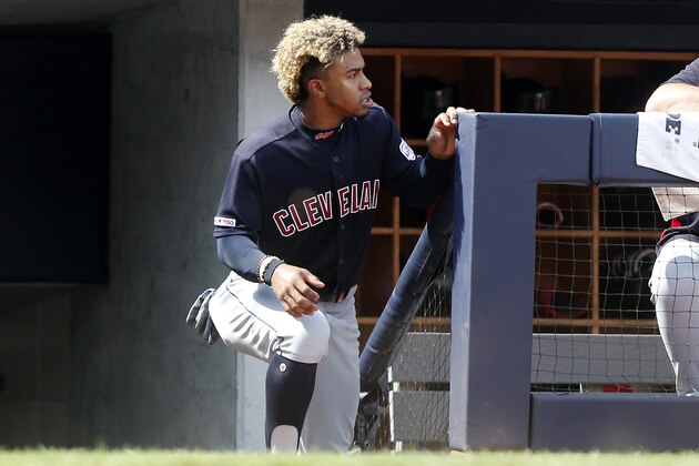NEW YORK, NEW YORK - AUGUST 18:    Francisco Lindor #12 of the Cleveland Indians in action against the New York Yankees at Yankee Stadium on August 18, 2019 in New York City. The Indians defeated the Yankees 8-4. (Photo by Jim McIsaac/Getty Images)