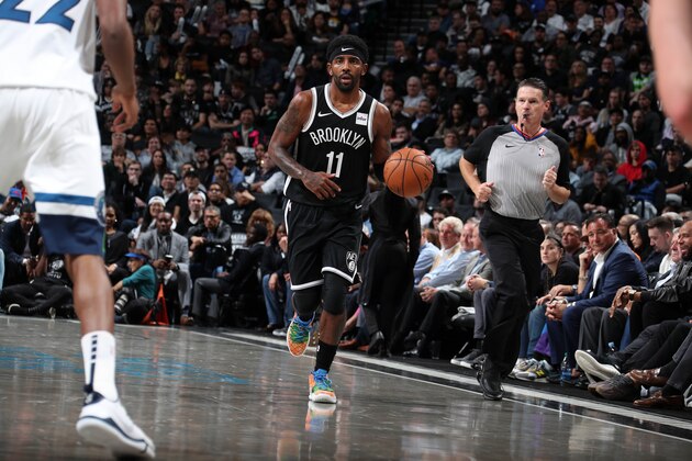 BROOKLYN, NY - OCTOBER 23:  Kyrie Irving #11 of the Brooklyn Nets handles the ball against the Minnesota Timberwolves on October 23, 2019 at Barclays Center in Brooklyn, New York. NOTE TO USER: User expressly acknowledges and agrees that, by downloading and or using this Photograph, user is consenting to the terms and conditions of the Getty Images License Agreement. Mandatory Copyright Notice: Copyright 2019 NBAE (Photo by Nathaniel S. Butler/NBAE via Getty Images)