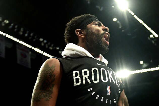 NEW YORK, NEW YORK - OCTOBER 23: Kyrie Irving #11 of the Brooklyn Nets reacts during the second half of their game against the Minnesota Timberwolves at Barclays Center on October 23, 2019 in the Brooklyn borough of New York City. NOTE TO USER: User expressly acknowledges and agrees that, by downloading and or using this photograph, User is consenting to the terms and conditions of the Getty Images License Agreement. (Photo by Emilee Chinn/Getty Images)