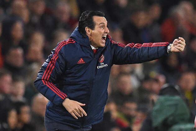Arsenal's Spanish head coach Unai Emery gestures on the touchline during the English Premier League football match between Sheffield United and Arsenal at Bramall Lane in Sheffield, northern England on October 21, 2019. (Photo by Oli SCARFF / AFP) / RESTRICTED TO EDITORIAL USE. No use with unauthorized audio, video, data, fixture lists, club/league logos or 'live' services. Online in-match use limited to 120 images. An additional 40 images may be used in extra time. No video emulation. Social media in-match use limited to 120 images. An additional 40 images may be used in extra time. No use in betting publications, games or single club/league/player publications. /  (Photo by OLI SCARFF/AFP via Getty Images)
