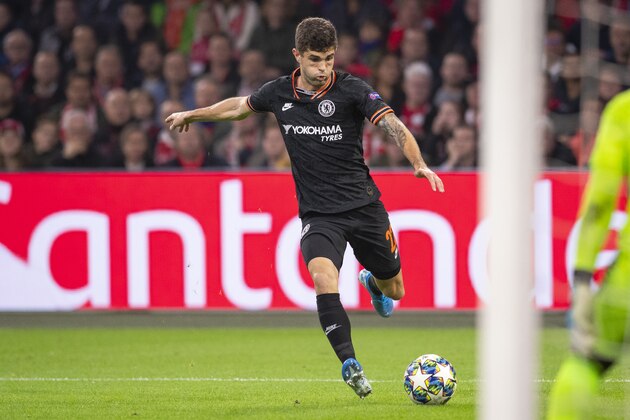 AMSTERDAM, NETHERLANDS - OCTOBER 23: Christian Pulisic of Chelsea FC kicks the ball during the UEFA Champions League group H match between AFC Ajax and Chelsea FC at Amsterdam Arena on October 23, 2019 in Amsterdam, Netherlands. (Photo by David Lidstrom/Getty Images)
