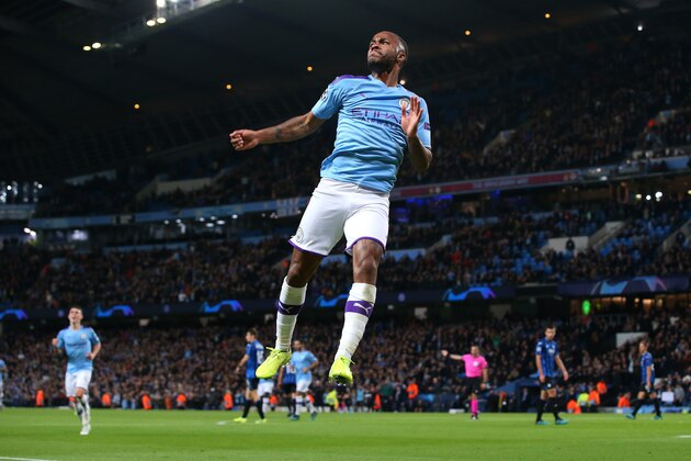 MANCHESTER, ENGLAND - OCTOBER 22:  Raheem Sterling of Manchester City celebrates after scoring his third goal during the UEFA Champions League group C match between Manchester City and Atalanta at Etihad Stadium on October 22, 2019 in Manchester, United Kingdom. (Photo by Alex Livesey - Danehouse/Getty Images)