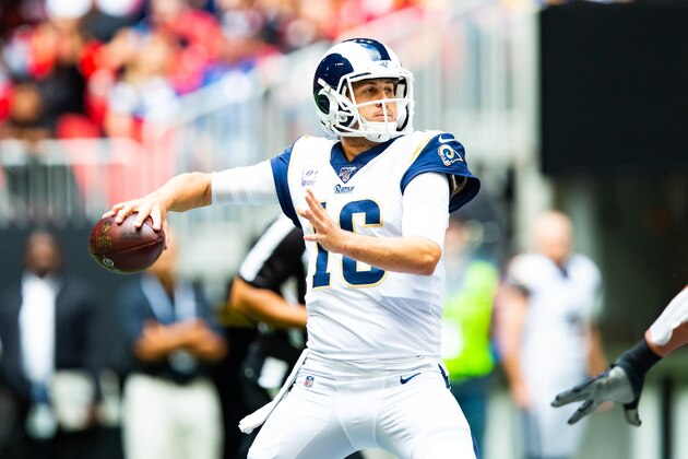 ATLANTA, GA - OCTOBER 20: Jared Goff #16 of the Los Angeles Rams looks to pass during a game against the Atlanta Falcons at Mercedes-Benz Stadium on October 20, 2019 in Atlanta, Georgia. (Photo by Carmen Mandato/Getty Images)