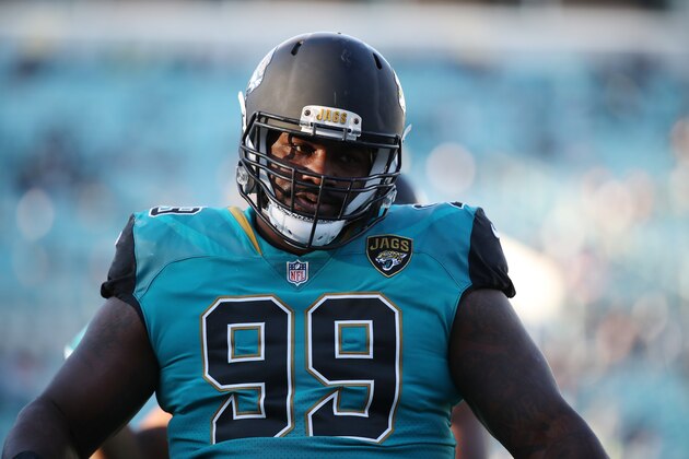 JACKSONVILLE, FL - DECEMBER 10:   Marcell Dareus #99 of the Jacksonville Jaguars warms up on the field prior to the start of their game against the Seattle Seahawks at EverBank Field on December 10, 2017 in Jacksonville, Florida.  (Photo by Logan Bowles/Getty Images)