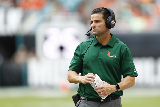Miami Hurricanes head coach Manny Diaz in action during an NCAA college football game against Central Michigan, Saturday, Sept. 21, 2019, in Miami Gardens, Fla. (AP Photo/Brynn Anderson)