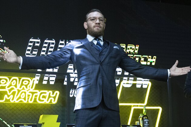 UFC (Ultimate Fighting Championship) fighter Conor McGregor gestures during a news conference in Moscow, Russia, Thursday, Oct. 24, 2019.  McGregor announced that he will fight an undisclosed opponent with the event expected to happen in Las Vegas, USA, in January 2020. (AP Photo/Pavel Golovkin)