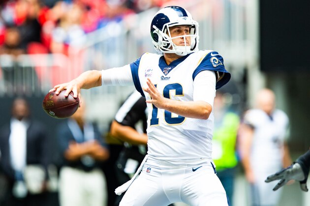 ATLANTA, GA - OCTOBER 20: Jared Goff #16 of the Los Angeles Rams looks to pass during a game against the Atlanta Falcons at Mercedes-Benz Stadium on October 20, 2019 in Atlanta, Georgia. (Photo by Carmen Mandato/Getty Images)
