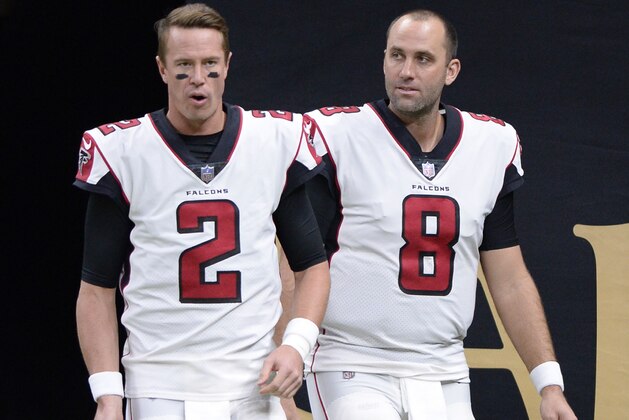 Atlanta Falcons quarterback Matt Ryan (2) and quarterback Matt Schaub (8) walk onto the field for warm-ups before an NFL football game against the New Orleans Saints in New Orleans, Thursday, Nov. 22, 2018. (AP Photo/Bill Feig)
