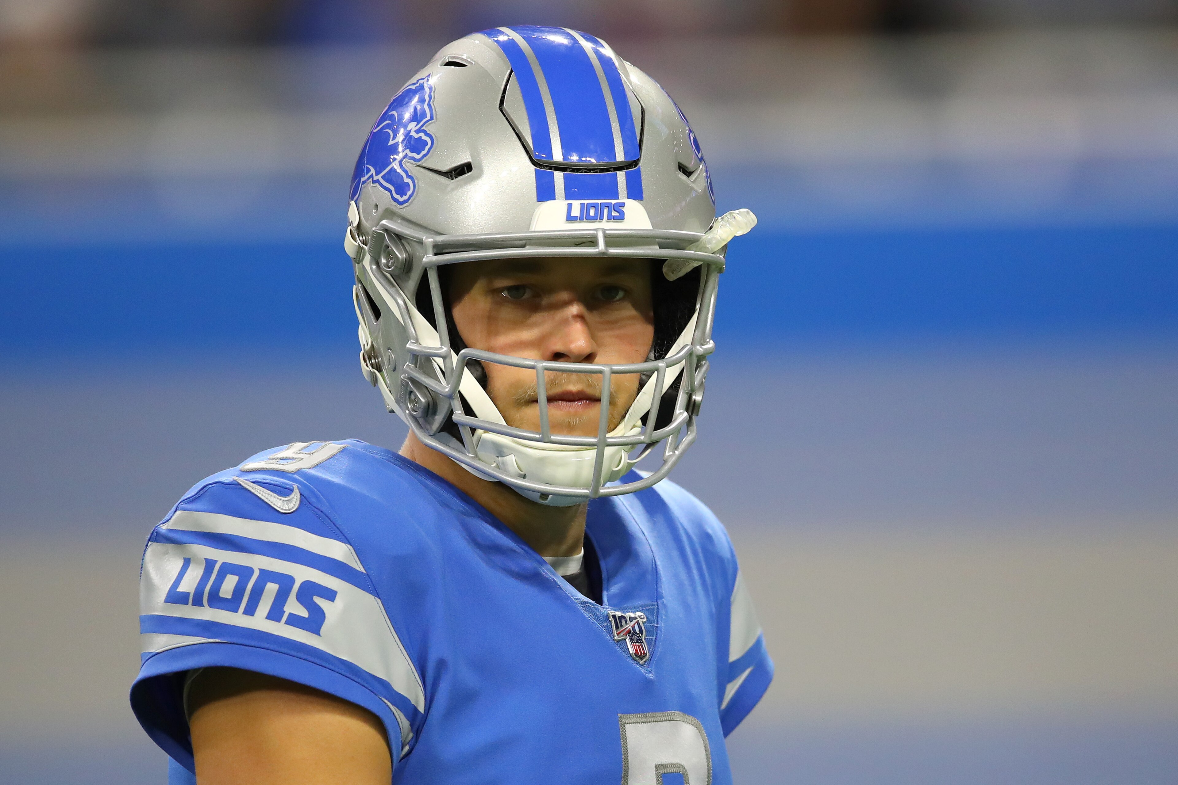 DETROIT, MICHIGAN - OCTOBER 20: Matthew Stafford #9 of the Detroit Lions looks on during the first half while playing the Minnesota Vikings at Ford Field on October 20, 2019 in Detroit, Michigan. (Photo by Gregory Shamus/Getty Images) DETROIT, MICHIGAN - OCTOBER 20: Matthew Stafford #9 of the Detroit Lions looks on during the first half while playing the Minnesota Vikings at Ford Field on October 20, 2019 in Detroit, Michigan. (Photo by Gregory Shamus/Getty Images)