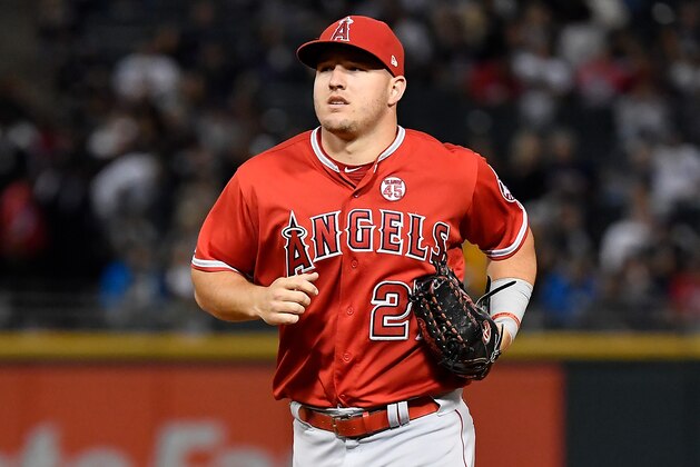 CHICAGO, ILLINOIS - SEPTEMBER 06: Mike Trout #27 of the Los Angeles Angels of Anaheim looks on against the Chicago White Sox at Guaranteed Rate Field on September 06, 2019 in Chicago, Illinois. (Photo by Quinn Harris/Getty Images)
